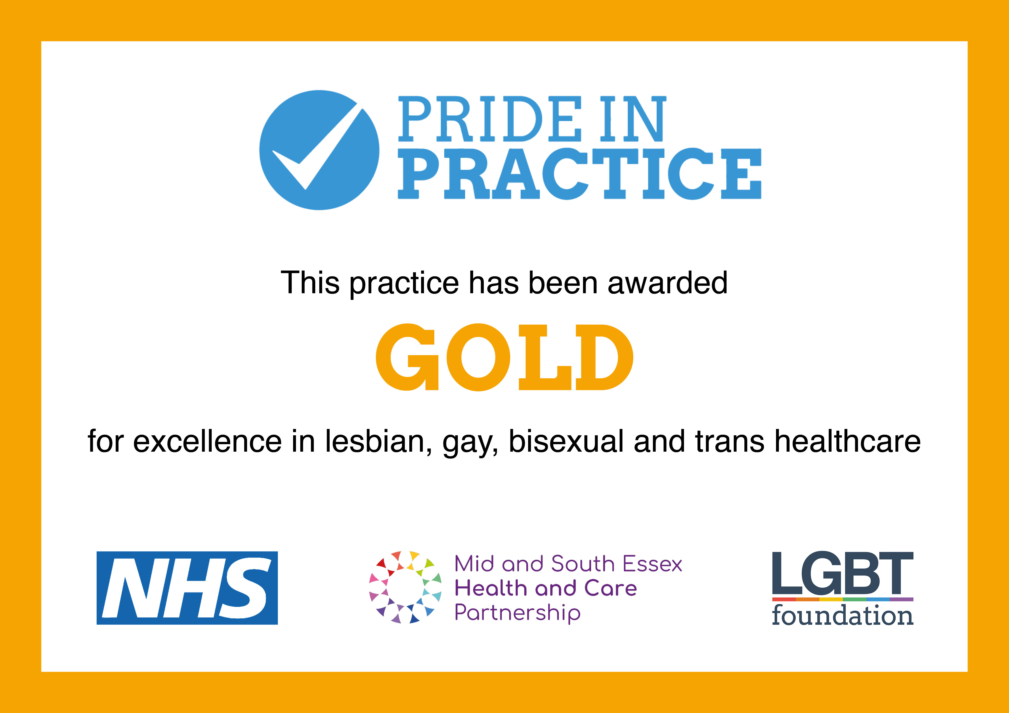 Gold Pride In Practice award certificate
