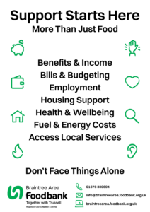 More than just food. Benefits and Income Bills and budgeting Employment Housing Support Health and wellbeing Fuel and energy costs Access local services Don't face things alone